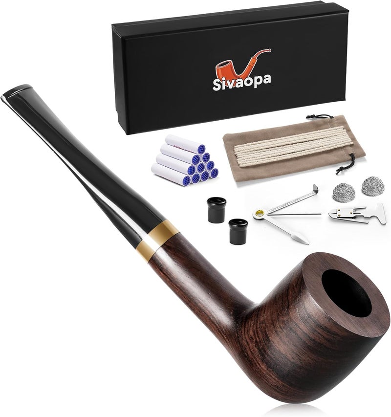 Sivaopa أنبوب تبغ مستقيم من خشب الأبنوس - أنبوب خشبي مصنوع يدويًا بتصميم كلاسيكي، مجموعة تنظيف وحقيبة سفر - هدية محمولة للرجل، إكسسوار مكتبي عتيق - Image 1